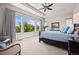 Bright bedroom with large windows, tray ceiling, ceiling fan, and neutral tones at 8142 S Langdale Way, Aurora, CO 80016