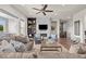 Bright living room featuring a fireplace, custom shelving, and plush seating at 8142 S Langdale Way, Aurora, CO 80016