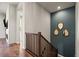 Modern staircase with a wood railing and a decorative teal wall at 8142 S Langdale Way, Aurora, CO 80016