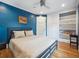 Comfortable bedroom featuring hardwood floors, bright blue walls, and built in shelving at 724 N Franklin St, Denver, CO 80218