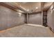 Finished carpeted basement with decorative lighting and dark walls at 1410 Old Sequoia Ct, Franktown, CO 80116