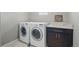 Modern laundry room with sleek cabinetry, countertop space, and efficient washer and dryer units at 15275 W La Salle Ave, Lakewood, CO 80228