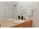 Bathroom vanity featuring double sinks, a large mirror, wooden cabinets, and decorative orchids at 7649 Pineridge Ter, Castle Pines, CO 80108