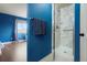 En Suite bathroom with tiled stand up shower, blue walls, and a view to the main bedroom at 4873 Eckert St, Castle Rock, CO 80104