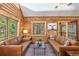 Cozy living room showcasing log walls, leather sofas, and windows with scenic outdoor views at 5724 Highway 9, Breckenridge, CO 80424