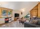 This cozy living room has carpet, windows, a couch, and a TV at 5724 Highway 9, Breckenridge, CO 80424