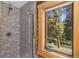 Shower features tile, glass door, and a window view of the trees at 5724 Highway 9, Breckenridge, CO 80424