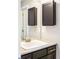 Bathroom has a modern vanity with a sink and storage cabinets plus a framed mirror with shelving at 10305 Martin Luther King Blvd, Denver, CO 80238