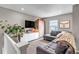 Cozy upstairs living room with comfortable gray sofa, tv, and neutral decor at 3778 Happyheart Way, Castle Rock, CO 80109