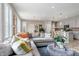 Spacious living room featuring gray sofa, blue rug and ottoman, and an open-concept design to dining and kitchen at 3778 Happyheart Way, Castle Rock, CO 80109