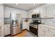 Modern kitchen featuring stainless steel appliances, white cabinets, and stylish tile backsplash for a sleek design at 12261 N Holly Way, Brighton, CO 80602