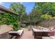 Outdoor patio with lounge seating, a fire pit, an outdoor dining table and mature landscaping at 1027 S Fillmore Way, Denver, CO 80209