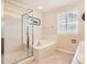 Bathroom with a shower and soaking tub combination beneath a window at 10460 Ketchwood Ct, Highlands Ranch, CO 80130