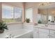 Relaxing bathroom featuring a large tub under a bright window, and a white vanity with a sink at 11558 Pine Hill Way, Parker, CO 80138