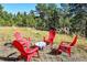 Backyard space with outdoor seating arranged around a fire pit and surrounded by nature at 24929 N Mountain Park Dr, Evergreen, CO 80439