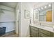 Bathroom with walk-in closet, shower, and vanity with updated countertops and lighting at 3240 Iris Ave # G409, Boulder, CO 80301