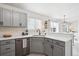 Modern kitchen features gray cabinetry, quartz countertops, and a convenient pass-through to the dining area at 9625 Bighorn Way, Littleton, CO 80125