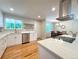 Modern kitchen with stainless steel appliances, white cabinetry, quartz counters and hardwood floors at 6484 S Datura St, Littleton, CO 80120