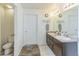 Spacious bathroom with double sink vanity and ample counter space, with a commode in separate room at 13644 Ulster St, Thornton, CO 80602
