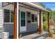 Quaint front porch with wood posts and teal door at 1111 E Dartmouth Ave, Englewood, CO 80113
