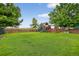 Lush backyard with mature trees and a wooden play structure at 425 Peabody St, Castle Rock, CO 80104