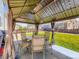 Backyard patio area, including a table and four chairs under a gazebo at 10 N Quantock St, Aurora, CO 80018