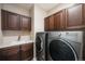 Functional laundry room featuring front load washer and dryer with cabinetry above and sink for added convenience at 13912 Ashgrove Cir, Parker, CO 80134