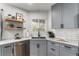 Close up of kitchen featuring gray cabinets, stainless steel appliances, and floating wood shelves at 4043 E Geddes Cir, Centennial, CO 80122