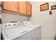 Convenient laundry area with modern washer and dryer, plus cabinet storage at 13902 E Marina Dr # 303, Aurora, CO 80014