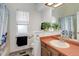 Bathroom features a sink, mirror, and window with plants adding a fresh touch at 15099 E Wagontrail Pl, Aurora, CO 80015
