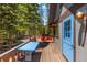 Relaxing deck with table, chairs, and forest views at 91 Slalom Dr, Breckenridge, CO 80424