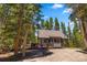Exterior of a rustic cabin-style home nestled in a forest setting, providing a serene and private ambiance at 91 Slalom Dr, Breckenridge, CO 80424