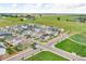 An aerial view of a residential neighborhood with green lawns and open fields in the distance, showcasing a community setting at 7218 Animas Ave, Frederick, CO 80530