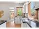 Bright kitchen featuring hardwood floors, black countertops, stainless steel sink, and a view to the outside at 480 S Grant St, Denver, CO 80209