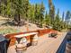 Cozy deck with custom bar, seating and fire pit overlooking lush forest views at 34075 Grouse Ln, Evergreen, CO 80439
