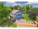 Aerial view of the backyard highlighting the playset, garden, lush greenery, and privacy fence at 13701 Yank Way, Arvada, CO 80004