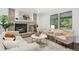 Comfortable living room with a brick fireplace, hardwood floors, and modern decor at 13701 Yank Way, Arvada, CO 80004