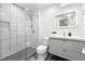 Modern bathroom features a glass shower, sleek vanity, updated mirror, and modern fixtures at 5193 S Flanders Ln, Centennial, CO 80015