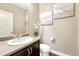 Powder room features a modern vanity, toilet, and decorative artwork at 19382 Dunraven St, Parker, CO 80134