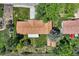Overhead aerial view of the property highlighting the roof, backyard, patio, and surrounding greenery at 11310 W 46Th Ave, Wheat Ridge, CO 80033