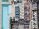 Aerial view of a pool, outdoor furniture, and a lounge area at 1750 Wewatta St # 1230, Denver, CO 80202