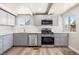 Modern kitchen with gray cabinets, stainless steel appliances, granite countertops, and light wood-look flooring at 235 S 8Th Ave, Brighton, CO 80601