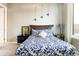 Stylish bedroom featuring a large bed with blue and white patterned bedding and contemporary lighting fixtures at 336 E 1St Ave # 209, Denver, CO 80203