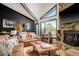 Cozy living room features a stone fireplace, leather sofas, wood floors, and large windows with scenic views at 610 Meadow View Dr, Evergreen, CO 80439