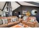 Comfortable living room with leather sofas, wood floors, rustic accents, and a high ceiling with dark wood beams at 610 Meadow View Dr, Evergreen, CO 80439