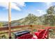 Relax in Adirondack chairs by a fire pit on the outdoor patio, overlooking a mountain vista at 610 Meadow View Dr, Evergreen, CO 80439