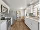 Modern kitchen with stainless steel appliances, white cabinetry, and stylish backsplash at 6581 S Logan St, Centennial, CO 80121