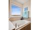 Bright bathroom featuring a soaking tub, large window, and neutral tiled backsplash at 9084 Ellis Way, Arvada, CO 80005