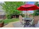 Landscaped backyard featuring a stone patio, outdoor seating, and a lush green lawn at 3207 Opal Ln, Superior, CO 80027