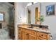 Modern bathroom with a glass-enclosed shower, granite countertops, and natural wood cabinetry at 4446 Songbird Ln, Evergreen, CO 80439